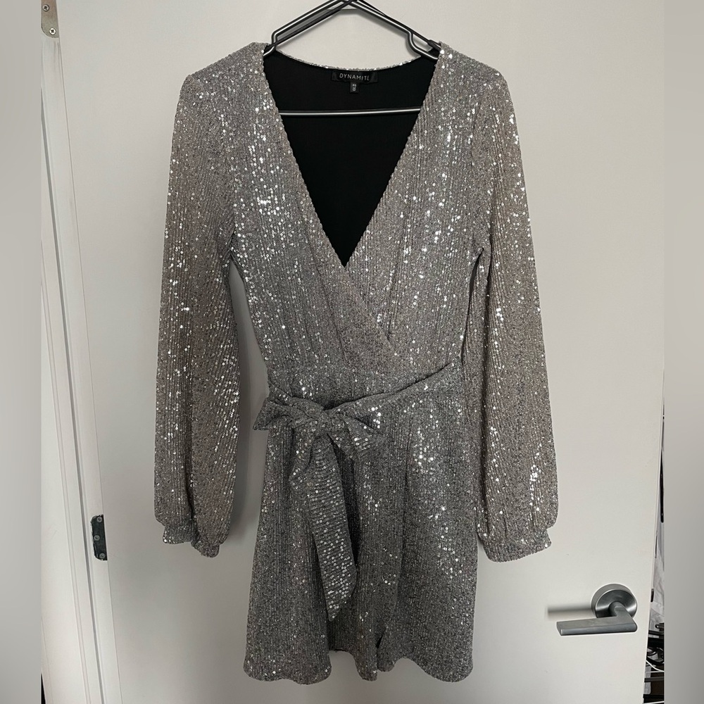 Silver Sequin Wrap Dress